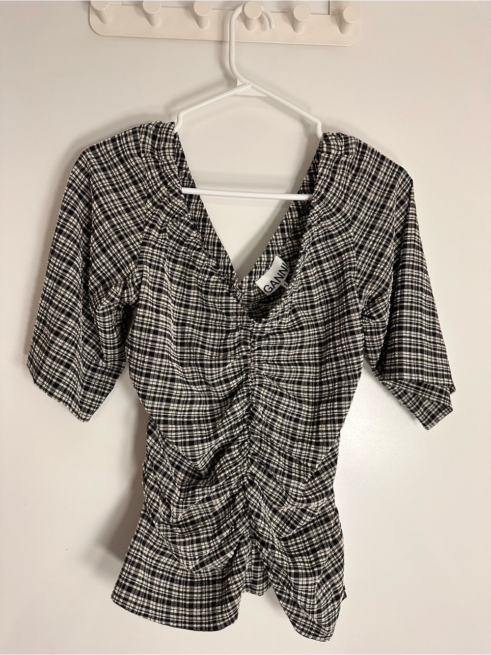 Ganni Seersucker Ruched V-Neck Blouse